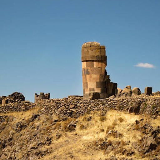 Ruins of Sillustani, pre-Incan burial ground on shores of Lake Umayo near Puno in Peru.